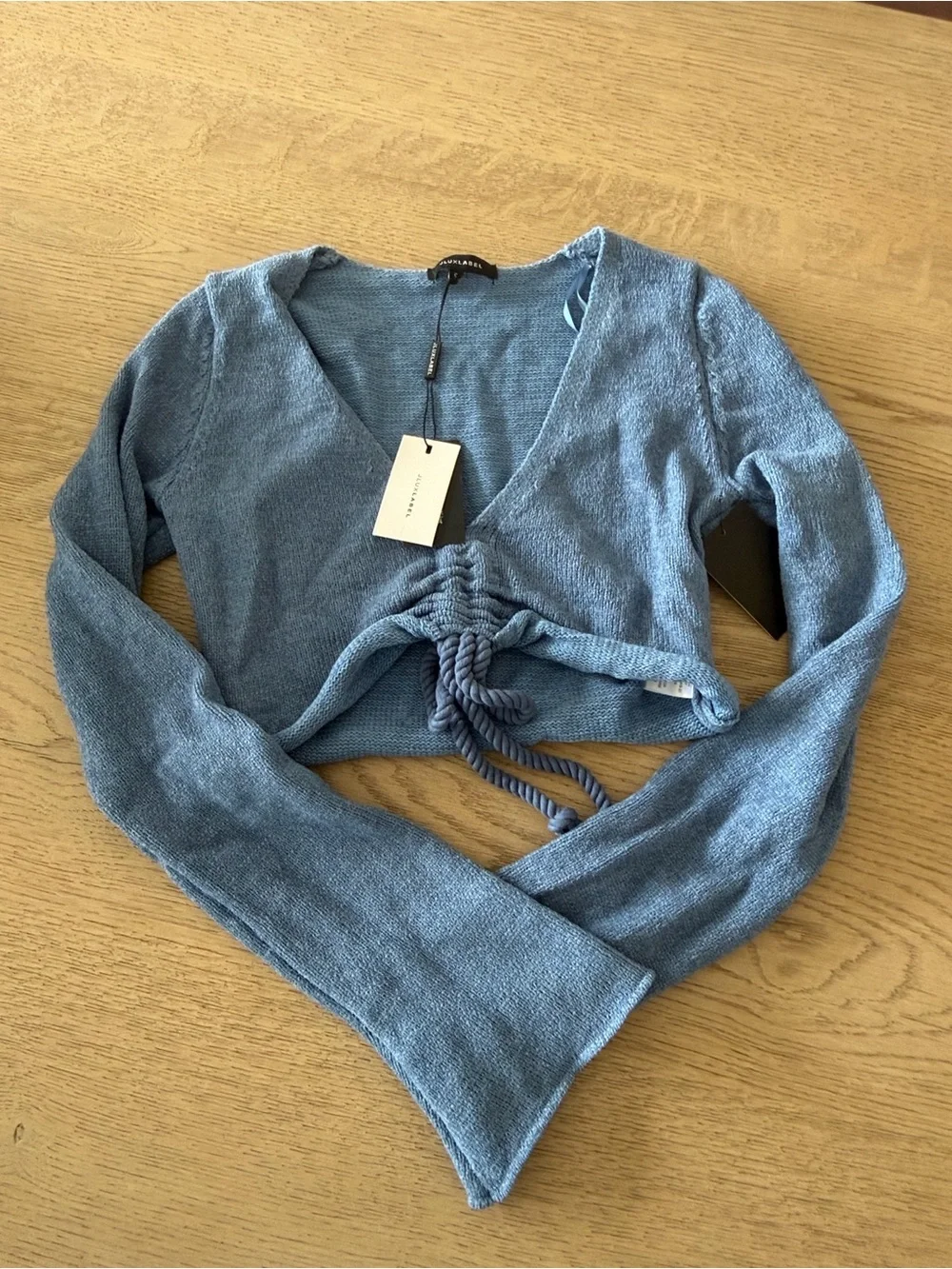 JLUXLABEL Light Blue Cropped V-Neck Knit Top with Tie